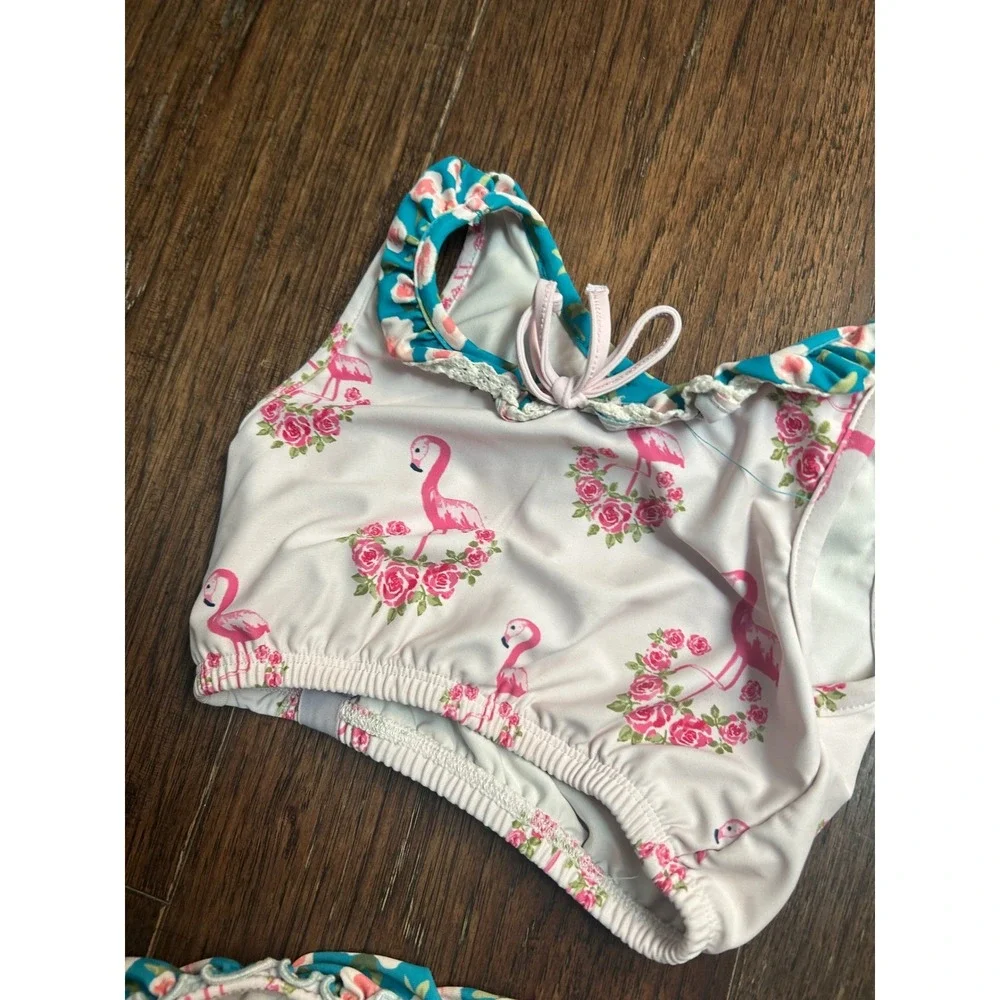 SweetHoney Girls Flamingo Floral Ruffle Swimsuit Set - Size 5Y - Adorable!